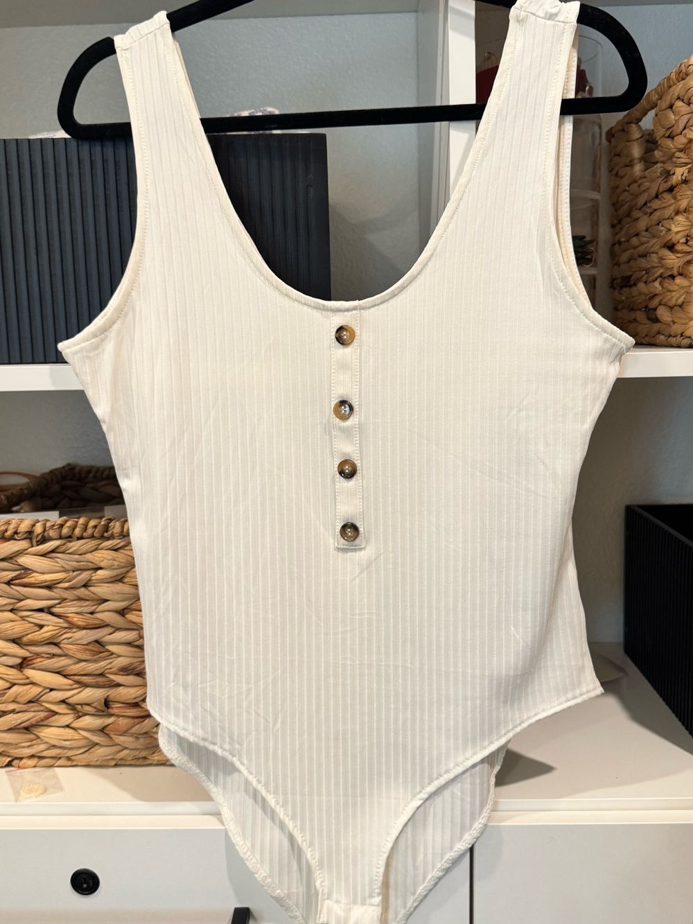 Women’s Cream Ribbed Button-Front Tank Bodysuit